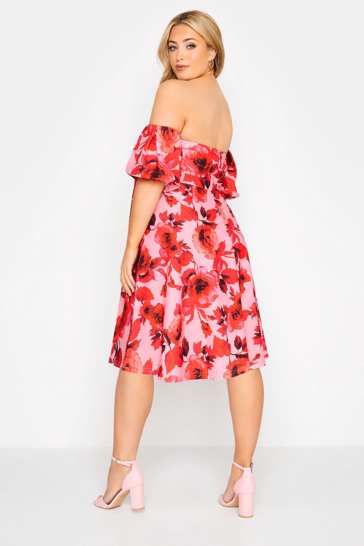 YOURS LONDON Curve Pink Floral Bardot Skater Dress 2 YOURS LONDON Curve Pink Floral Bardot Skater Dress - Image 2