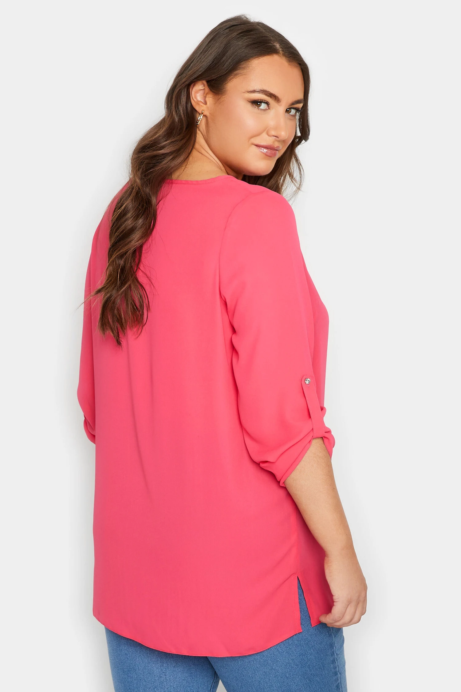 YOURS Curve Bright Pink Tab Sleeve Blouse 2 YOURS Curve Bright Pink Tab Sleeve Blouse - Image 2