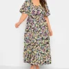 YOURS Curve Black Neon Floral Tiered Midi Dress