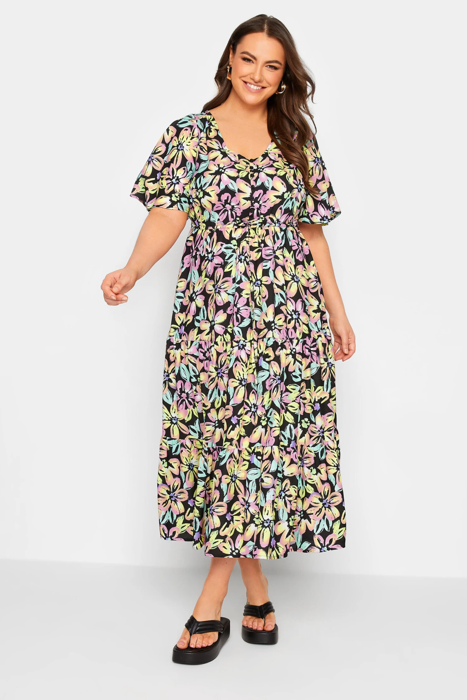 YOURS Curve Black Neon Floral Tiered Midi Dress 1 YOURS Curve Black Neon Floral Tiered Midi Dress