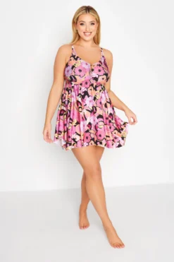 YOURS Curve Pink Retro Floral Print Hanky Hem Tummy Control Swim Dress