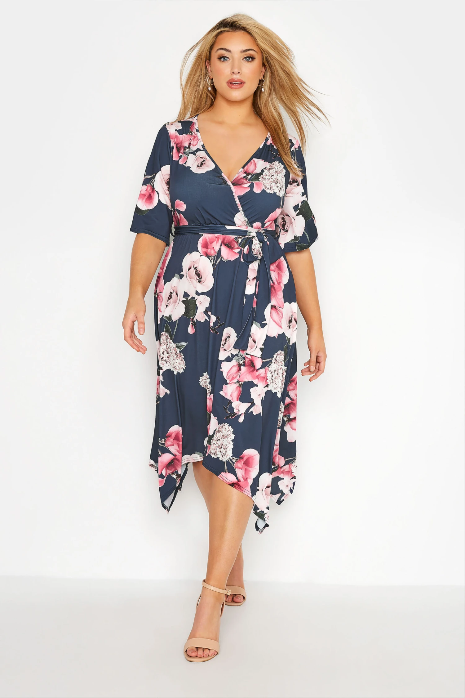 YOURS LONDON Curve Navy Blue Floral Hanky Hem Dress 1 YOURS LONDON Curve Navy Blue Floral Hanky Hem Dress