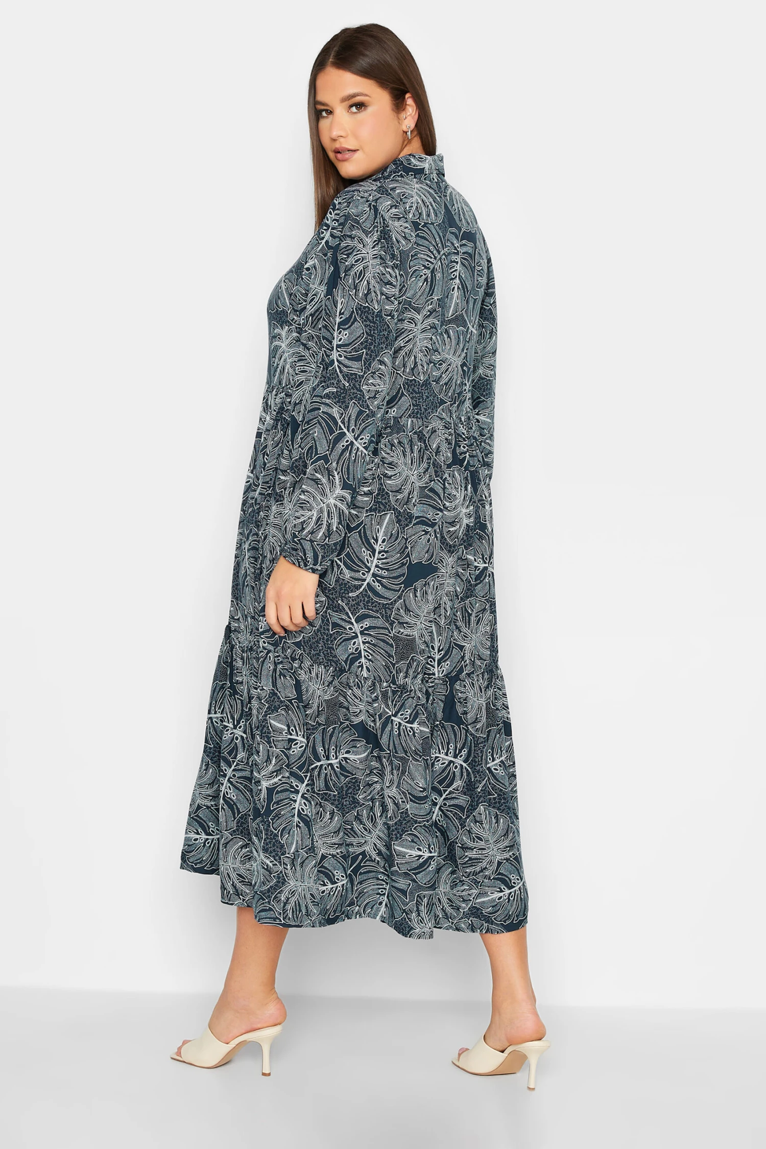 YOURS Curve Navy Blue Leaf Print Tiered Shirt Dress 2 YOURS Curve Navy Blue Leaf Print Tiered Shirt Dress - Image 2