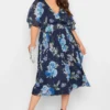 YOURS LONDON Blue Floral Angel Sleeve Wrap Dress