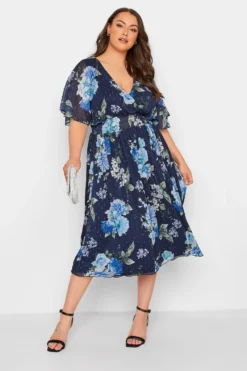 YOURS LONDON Blue Floral Angel Sleeve Wrap Dress
