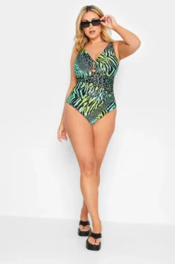YOURS Curve Green Animal Print Swimsuit