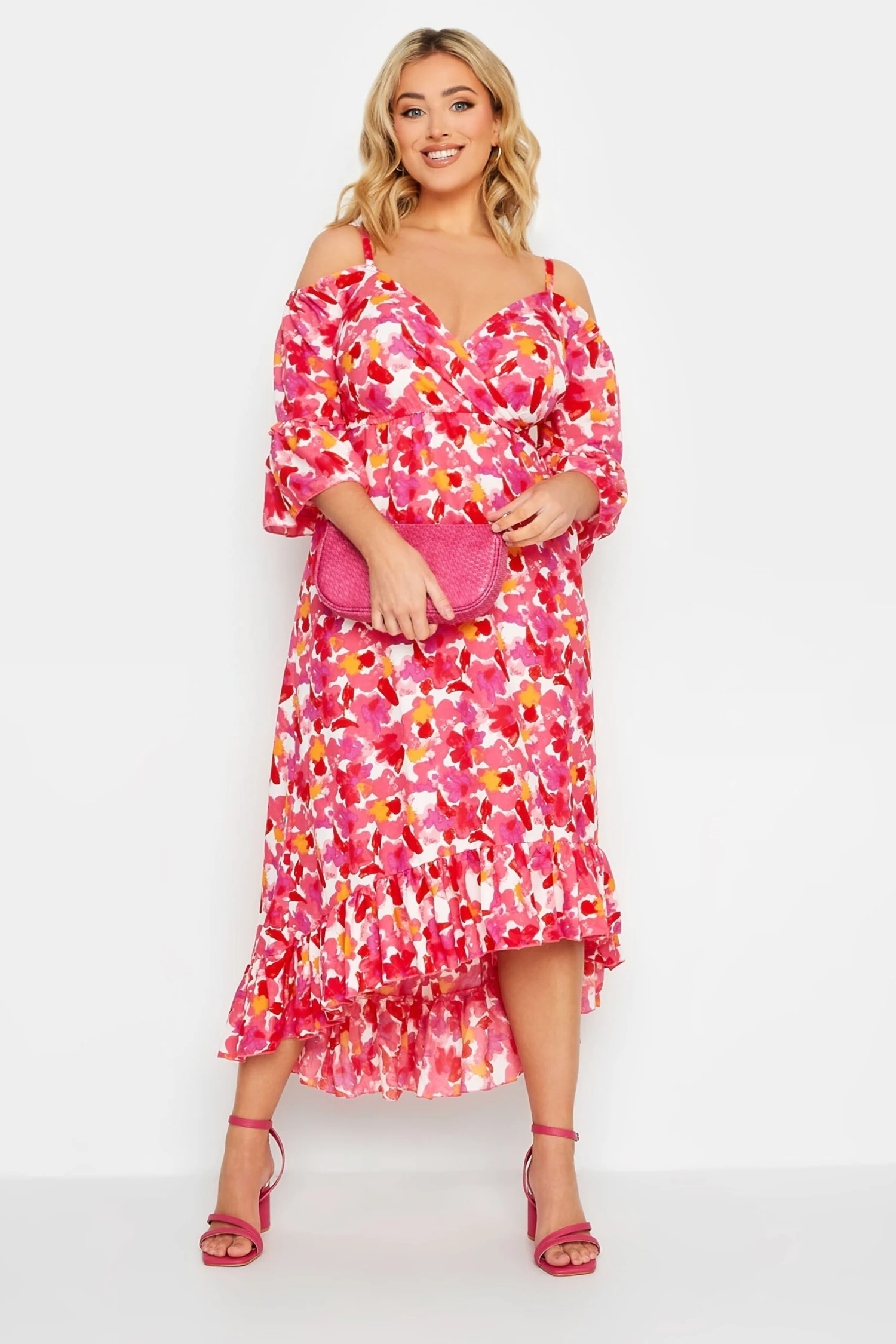YOURS Curve Pink Floral Cold Shoulder Midaxi Dress 1 YOURS Curve Pink Floral Cold Shoulder Midaxi Dress