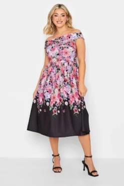 YOURS PETITE Curve Black Floral Border Bardot Dress