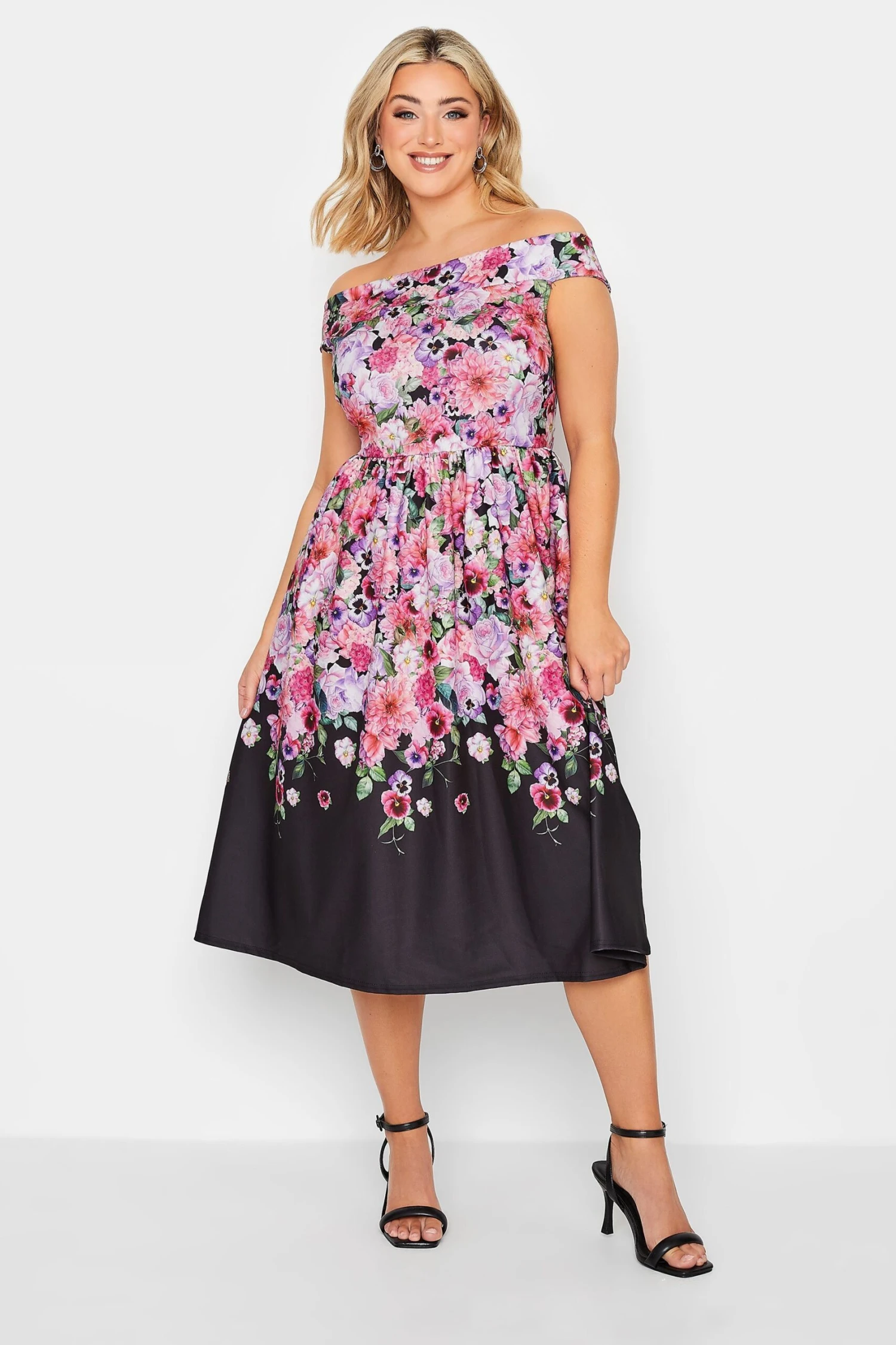 YOURS PETITE Curve Black Floral Border Bardot Dress 1 YOURS PETITE Curve Black Floral Border Bardot Dress