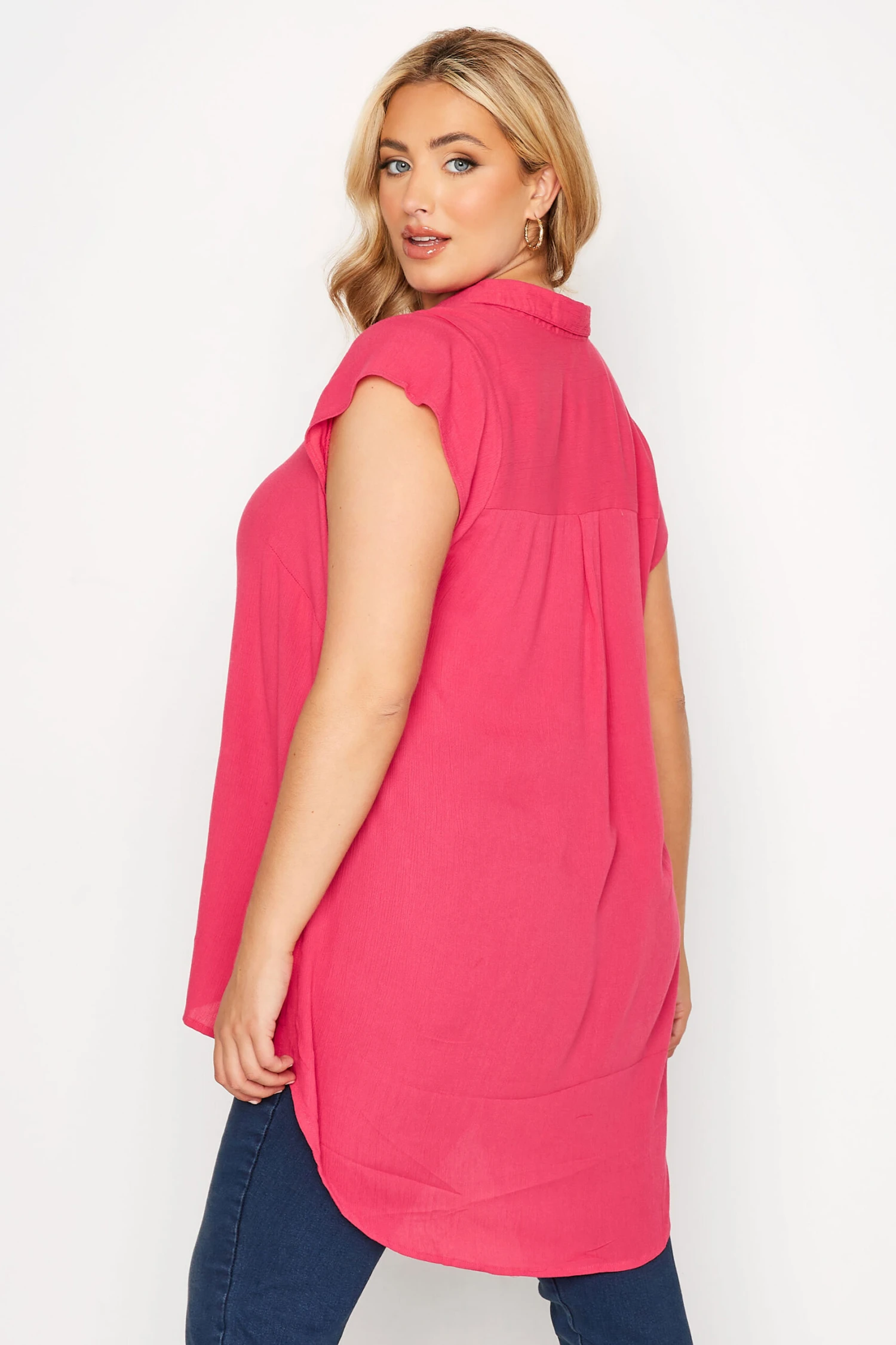 YOURS Curve Hot Pink Cap Sleeve Dipped Hem Shirt 2 YOURS Curve Hot Pink Cap Sleeve Dipped Hem Shirt - Image 2