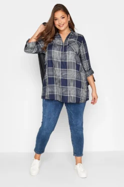 YOURS Curve Navy Blue Metallic Zip Check Shirt