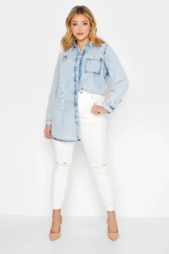 YOURS Curve Bleach Blue Distressed Denim Shirt