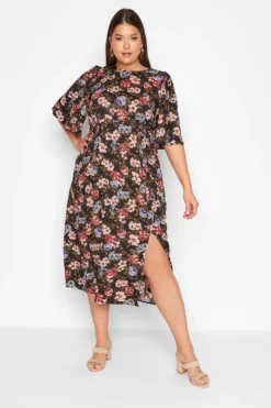 YOURS Curve Black Floral Print Side Split Midi Dress