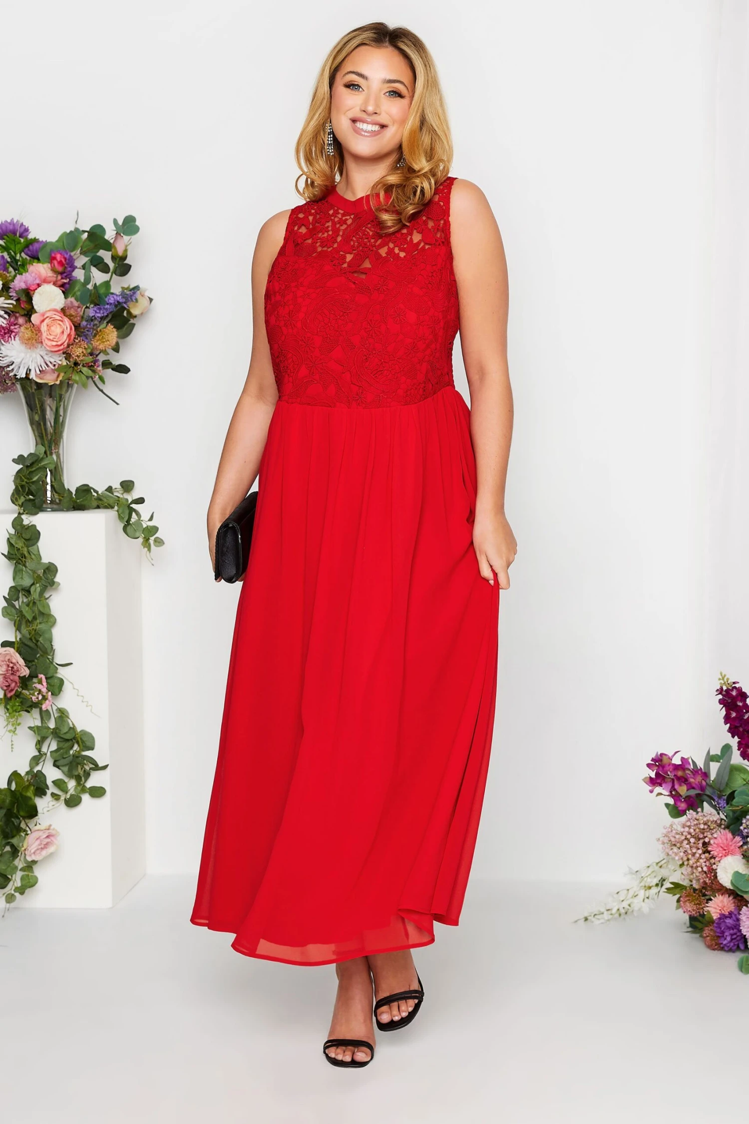 YOURS LONDON Curve Red Lace Front Chiffon Maxi Dress 2 YOURS LONDON Curve Red Lace Front Chiffon Maxi Dress - Image 2