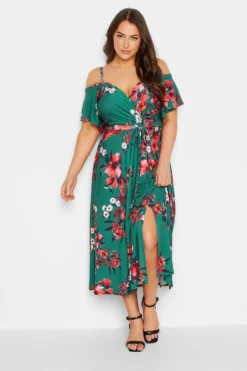 YOURS LONDON Curve Green Floral Cold Shoulder Wrap Dress