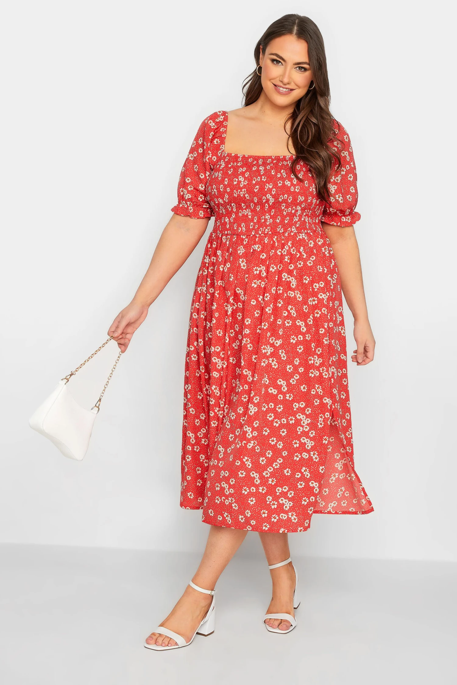 YOURS Curve Red Daisy Print Shirred Midi Dress 1 YOURS Curve Red Daisy Print Shirred Midi Dress