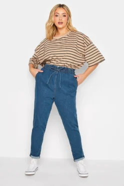 YOURS Curve Mid Blue Paperbag Waist Stretch MOM Jeans