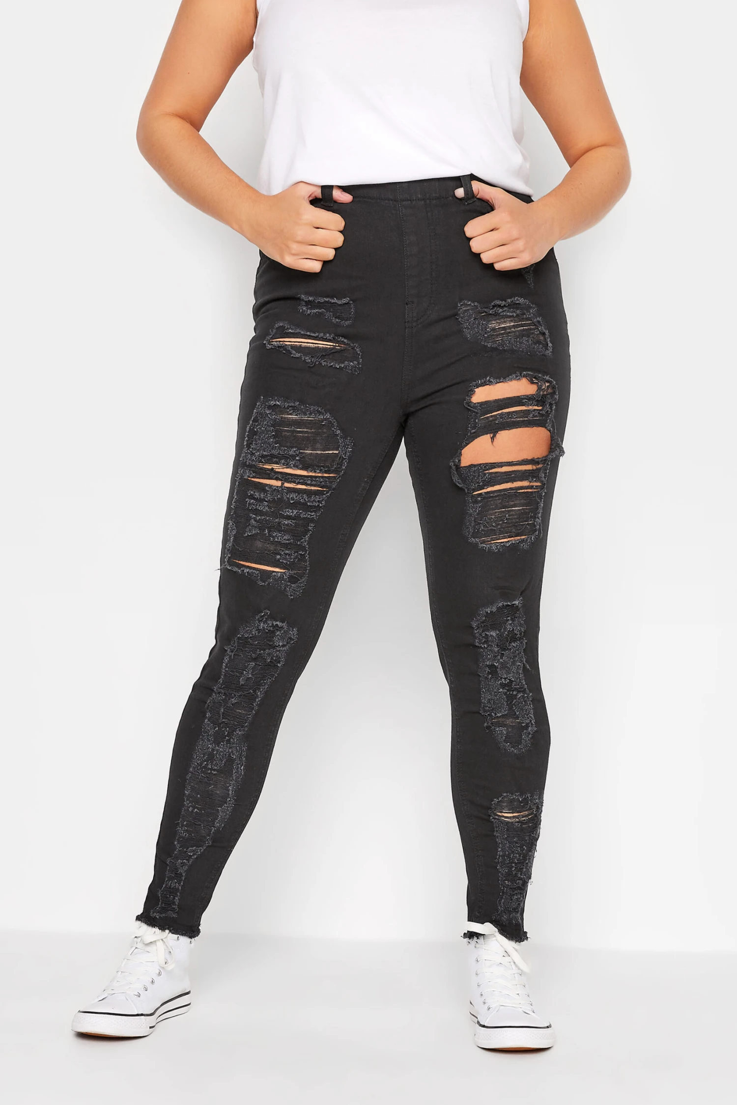 YOURS Curve Black Frayed Ripped Stretch GRACE Jeggings 5 YOURS Curve Black Frayed Ripped Stretch GRACE Jeggings - Image 5