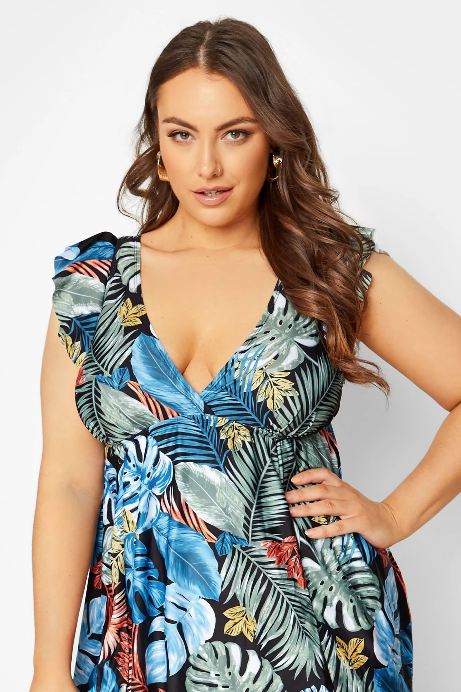 YOURS Curve Black Leaf Print Angel Sleeve Tummy Control Swim Dress 3 YOURS Curve Black Leaf Print Angel Sleeve Tummy Control Swim Dress - Image 3