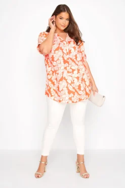 YOURS Curve Orange Leaf Print Grown On Sleeve Shirt