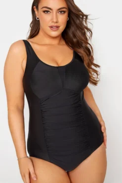 YOURS Curve Black Ruched Mesh Tummy Control Swimsuit