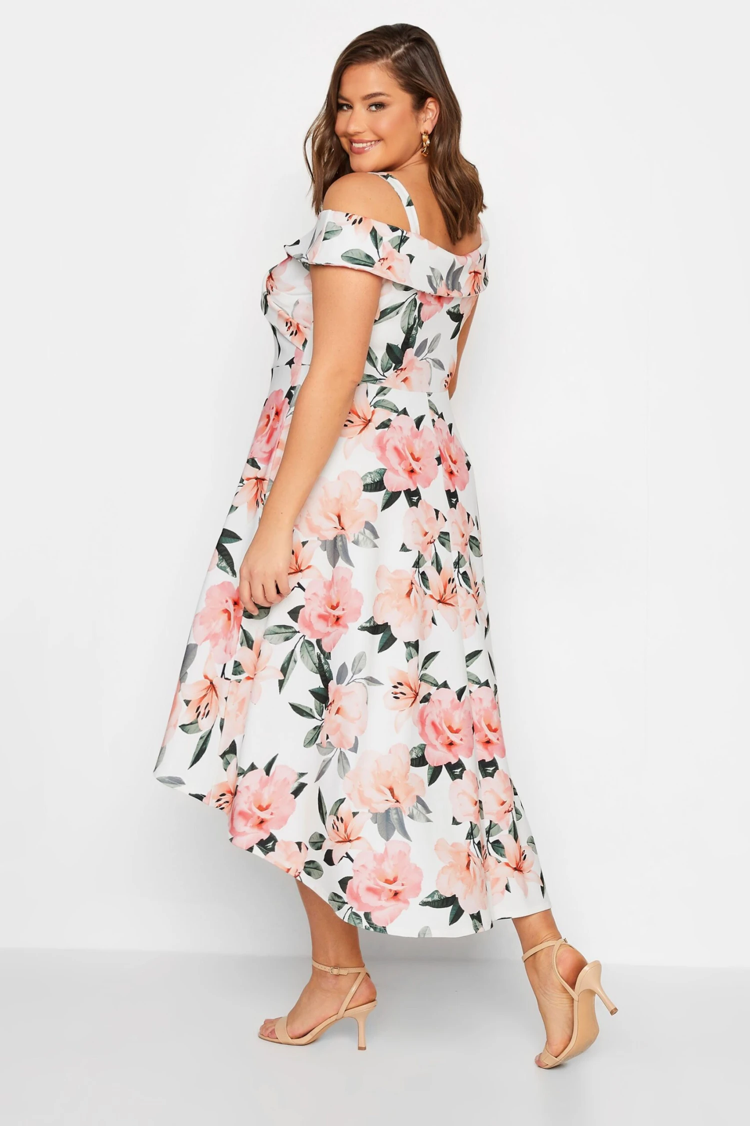 YOURS LONDON Curve White & Pink Floral Bardot Midi Dress 2 YOURS LONDON Curve White & Pink Floral Bardot Midi Dress - Image 2