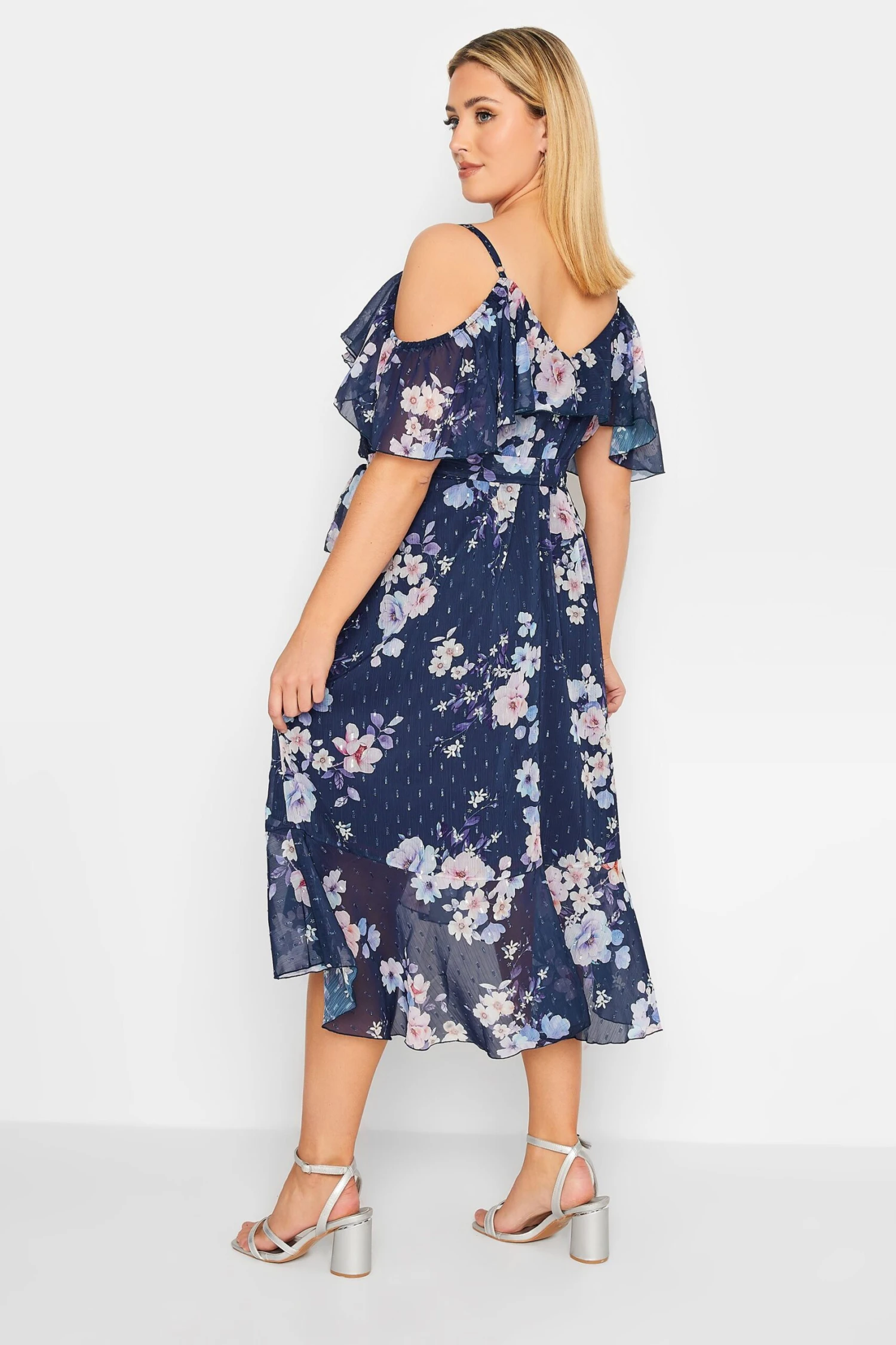 YOURS LONDON Curve Blue Floral Cold Shoulder Wrap Dress 2 YOURS LONDON Curve Blue Floral Cold Shoulder Wrap Dress - Image 2