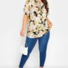 YOURS Curve Black & Yellow Floral Print Tie Neck Blouse
