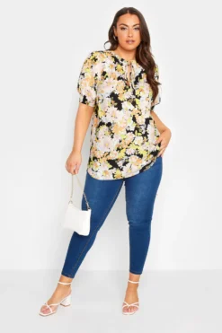 YOURS Curve Black & Yellow Floral Print Tie Neck Blouse