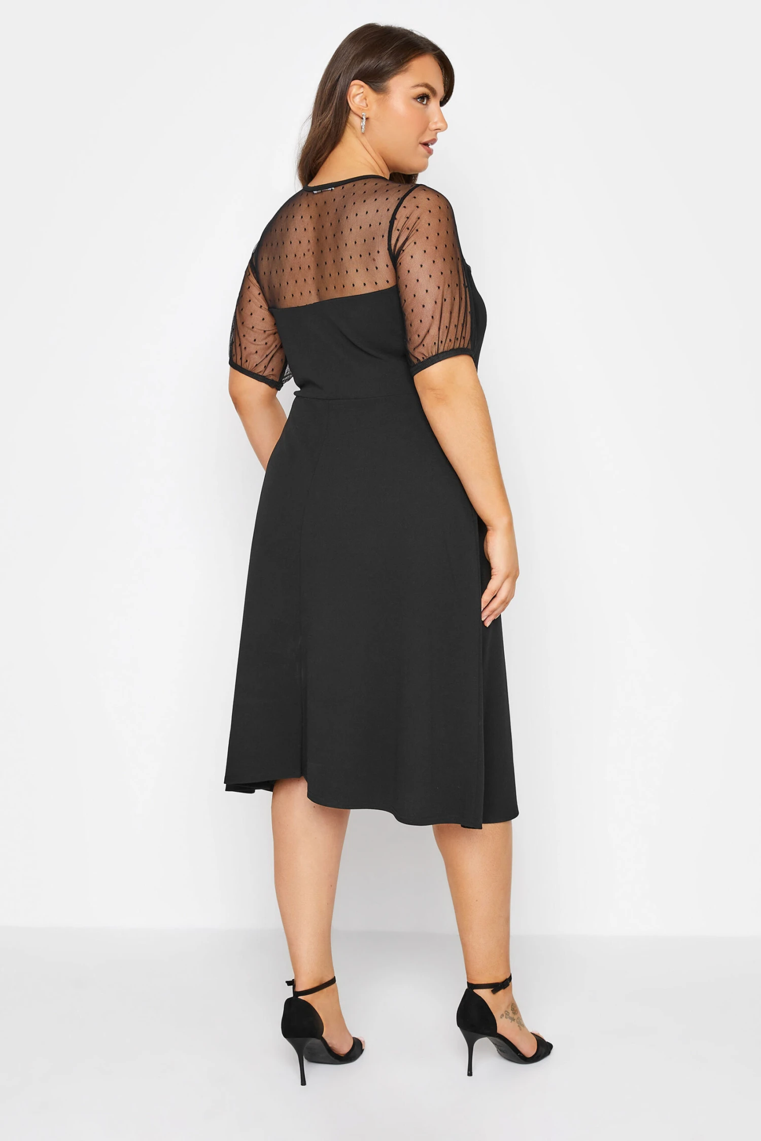 YOURS LONDON Curve Black Spot Mesh Skater Dress 2 YOURS LONDON Curve Black Spot Mesh Skater Dress - Image 2