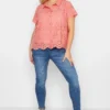 YOURS PETITE Curve Coral Pink Broderie Anglaise Short Sleeve Shirt