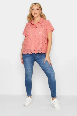 YOURS PETITE Curve Coral Pink Broderie Anglaise Short Sleeve Shirt