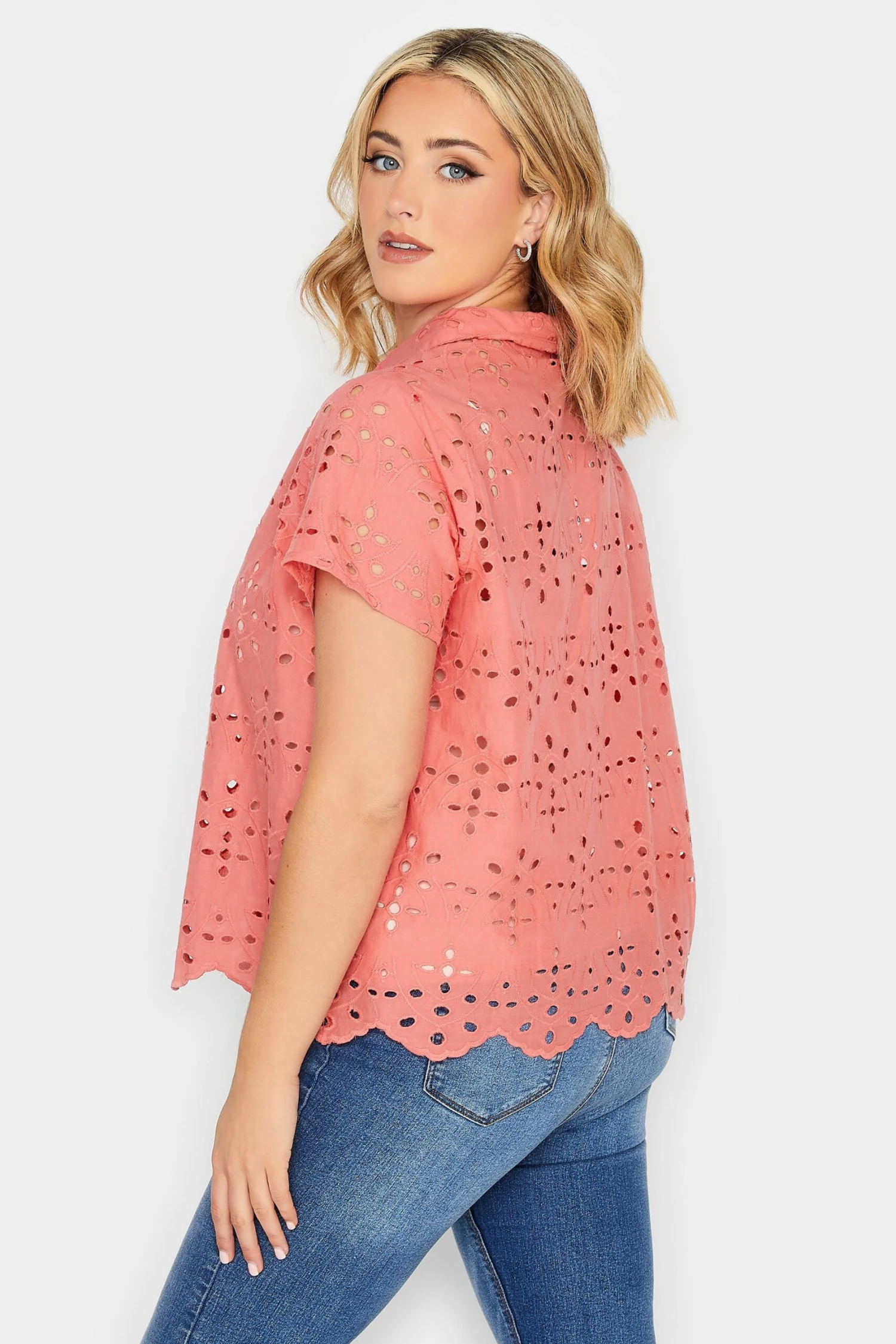 YOURS PETITE Curve Coral Pink Broderie Anglaise Short Sleeve Shirt 2 YOURS PETITE Curve Coral Pink Broderie Anglaise Short Sleeve Shirt - Image 2