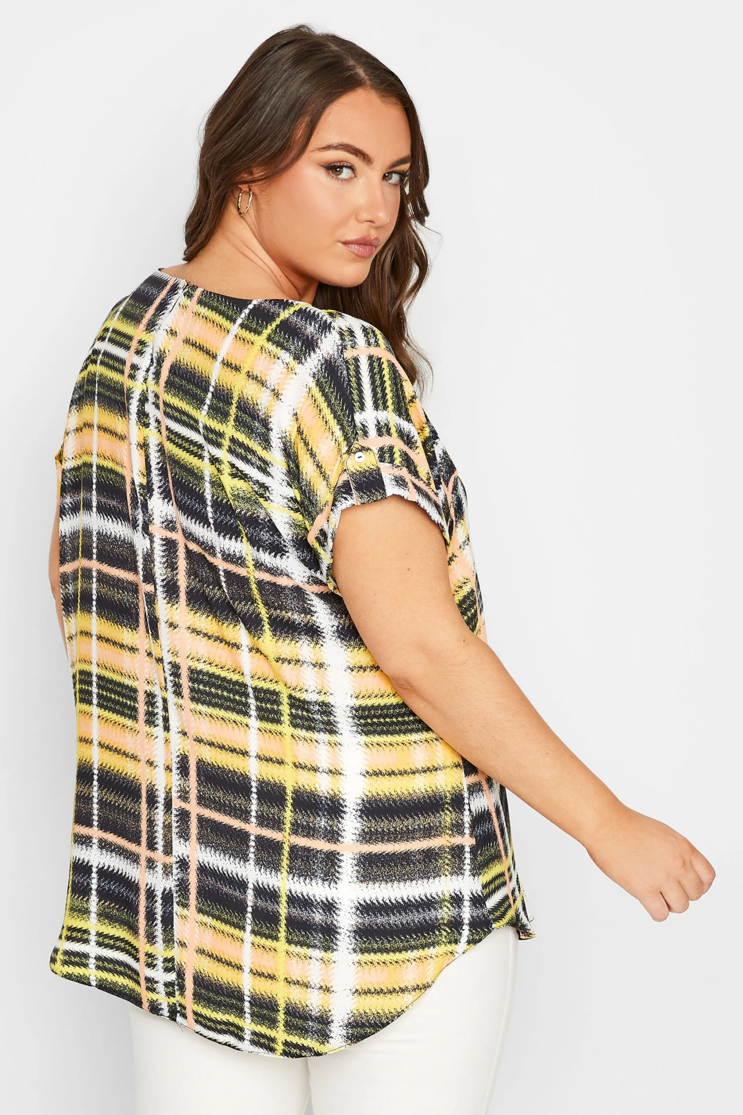 YOURS Curve Yellow Check Print Tab Sleeve Blouse 2 YOURS Curve Yellow Check Print Tab Sleeve Blouse - Image 2