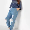 YOURS Curve Mid Blue Ripped Jogger Jeans