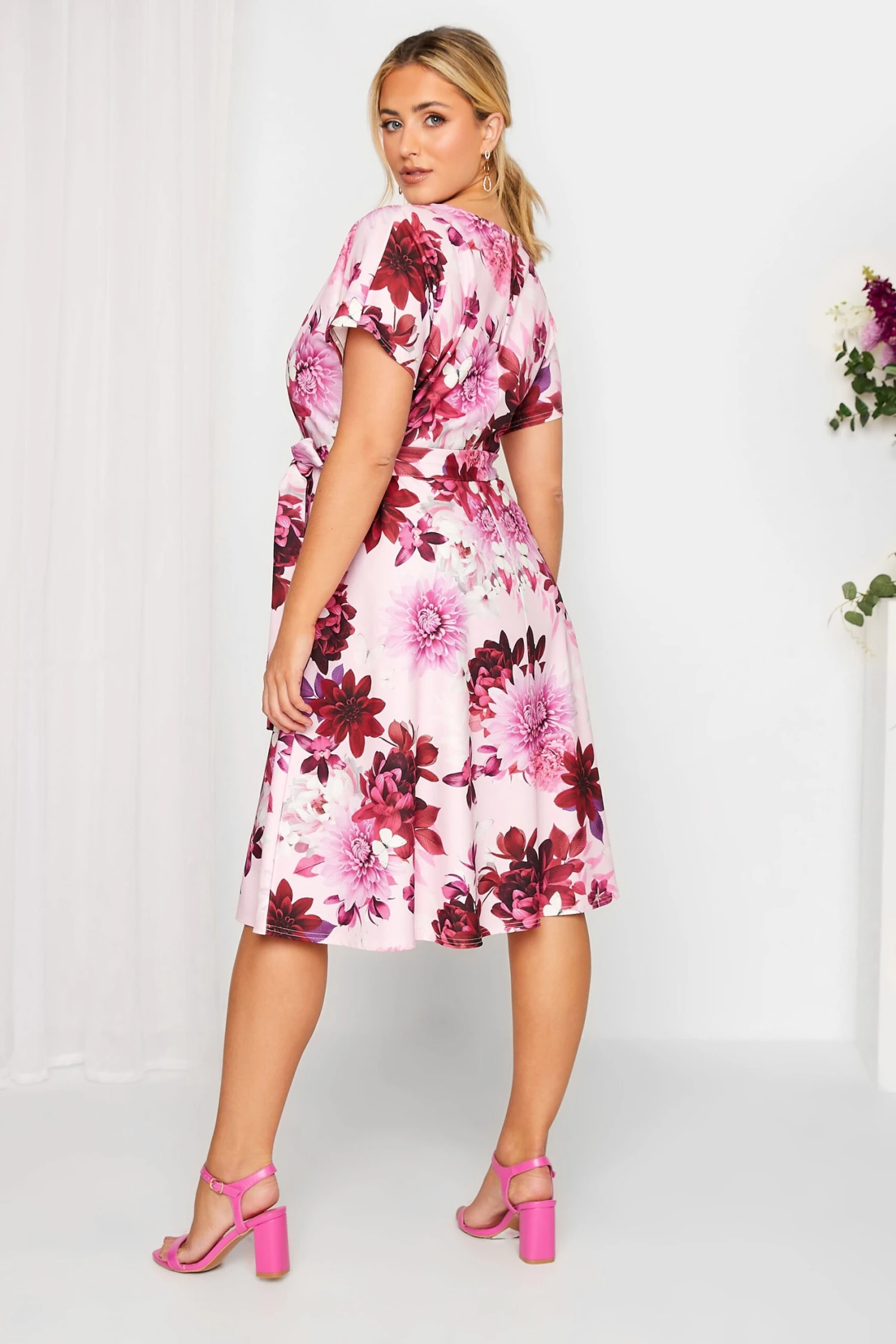 YOURS LONDON Curve Pink & Red Floral Skater Wrap Dress 2 YOURS LONDON Curve Pink & Red Floral Skater Wrap Dress - Image 2