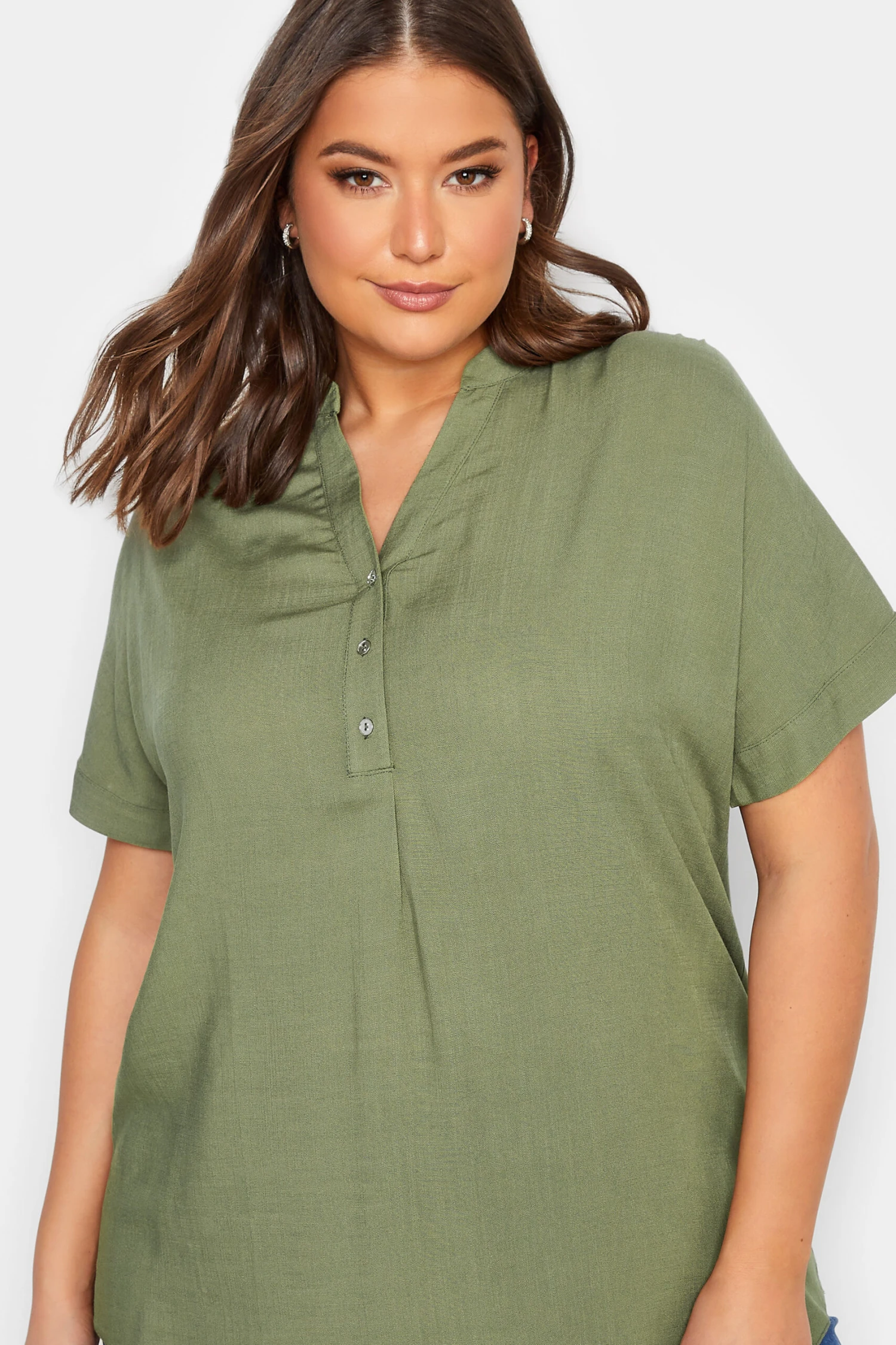 YOURS Curve Khaki Green Half Placket Blouse 3 YOURS Curve Khaki Green Half Placket Blouse - Image 3