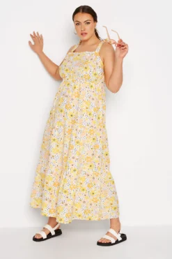 LIMITED COLLECTION Curve Yellow Retro Floral Tiered Strappy Sundress