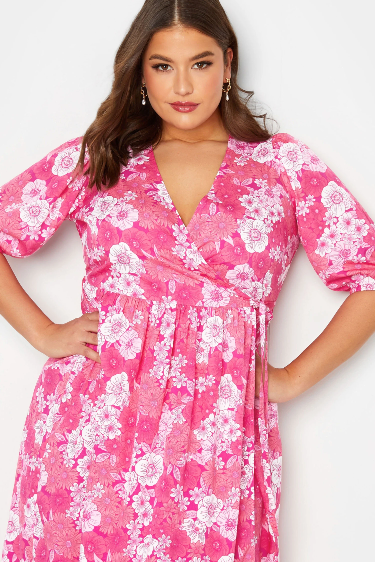 LIMITED COLLECTION Curve Pink Floral Wrap Midaxi Dress 3 LIMITED COLLECTION Curve Pink Floral Wrap Midaxi Dress - Image 3