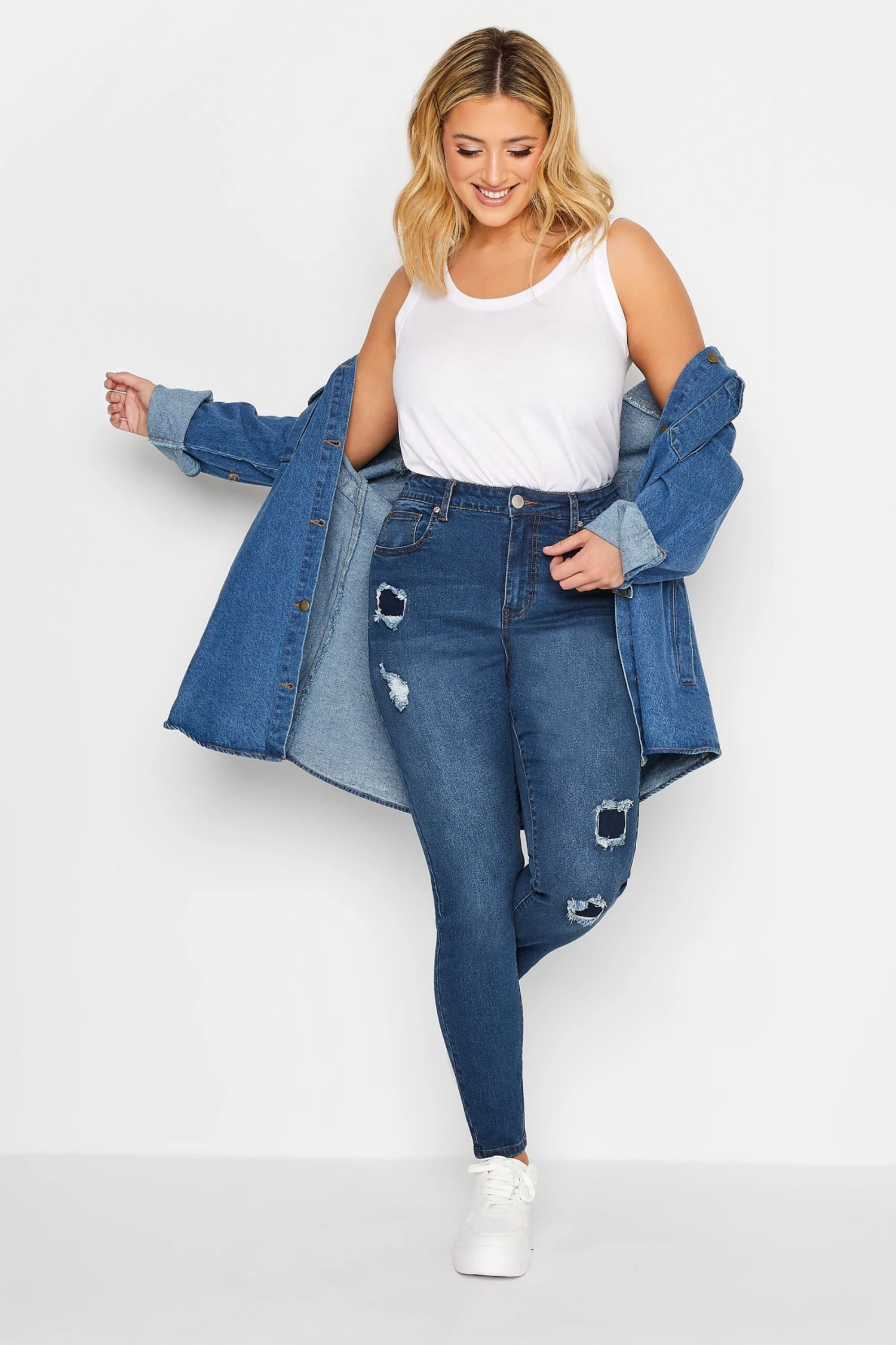 YOURS Curve Indigo Blue Rip & Repair Skinny Stretch AVA Jeans 1 YOURS Curve Indigo Blue Rip & Repair Skinny Stretch AVA Jeans