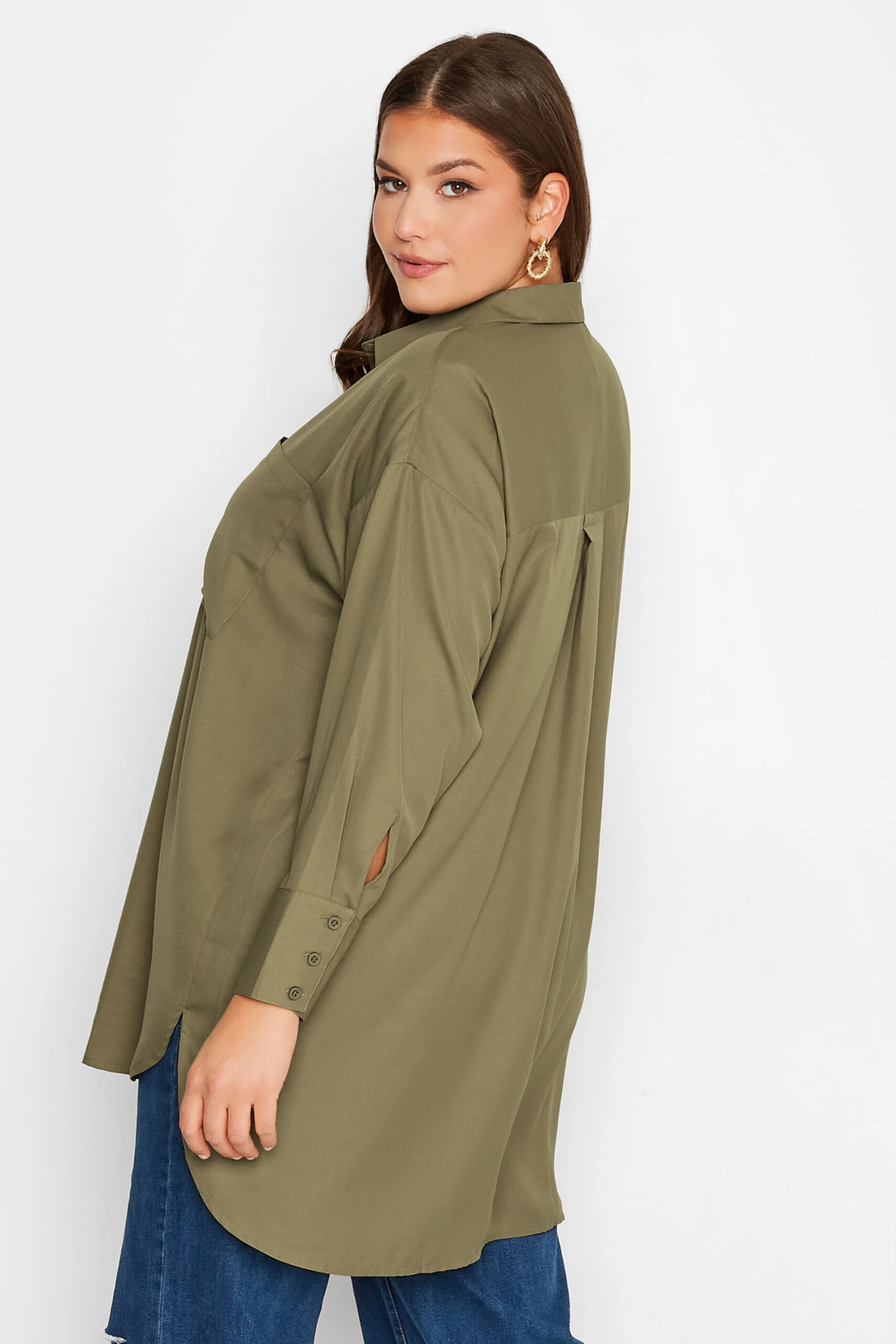 YOURS Curve Khaki Green Oversized Boyfriend Shirt 2 YOURS Curve Khaki Green Oversized Boyfriend Shirt - Image 2