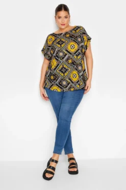 YOURS Curve Black Paisley Print Tab Sleeve Blouse