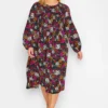 YOURS Curve Black Retro Floral Balloon Sleeve Midi Dress