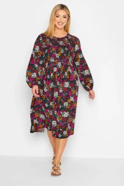YOURS Curve Black Retro Floral Balloon Sleeve Midi Dress