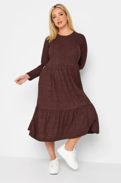 YOURS Curve Burgundy Red Ribbed Midi Dress