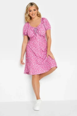 YOURS PETITE Curve Pink Daisy Print Ruched Front Dress
