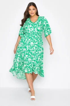 YOURS Curve Green Floral Dipped Hem Dress