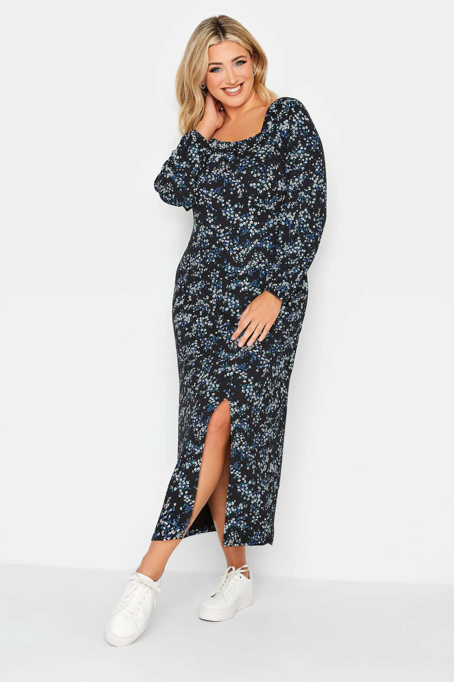 YOURS PETITE Curve Black & Blue Ditsy Print Milkmaid Midi Dress 1 YOURS PETITE Curve Black & Blue Ditsy Print Milkmaid Midi Dress