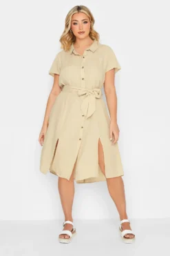 YOURS PETITE Curve Stone Brown Linen Blend Button Through Dress