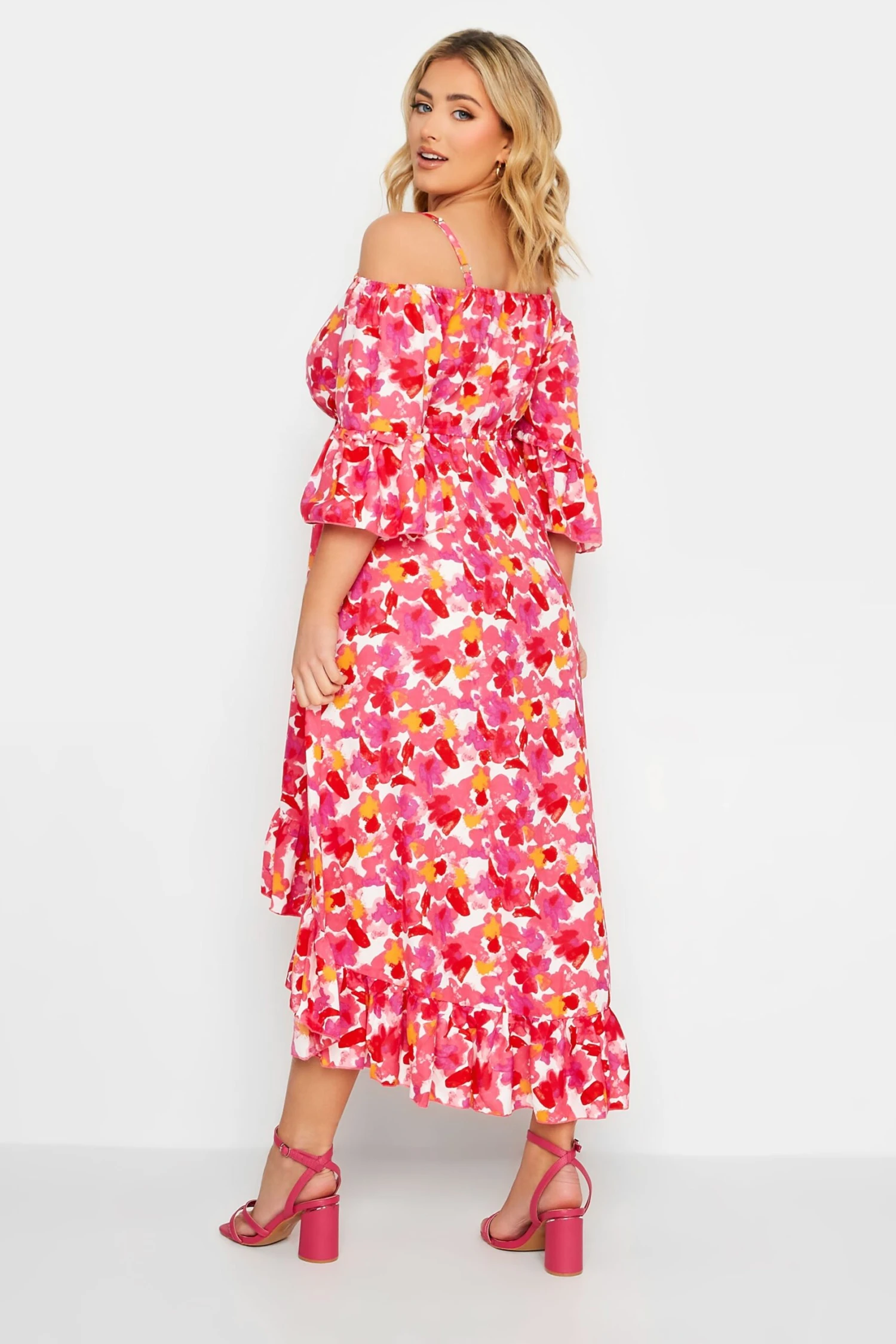 YOURS Curve Pink Floral Cold Shoulder Midaxi Dress 2 YOURS Curve Pink Floral Cold Shoulder Midaxi Dress - Image 2
